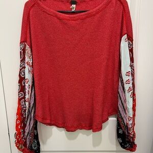We The Free Red and Patterned Sleeve Blouse